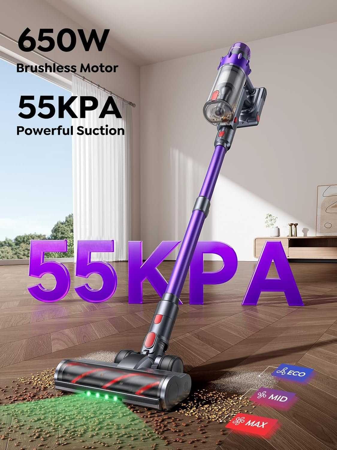 Cordless Vacuum Cleaner, 650W 55KPA 70Mins Vacuum Cleaners for Home, Cordless Stick Vacuum with LED Touch Screen, Anti-Tangle Wireless Vacuum, Handheld Vacuum for Pet Hair/Carpet/Floor