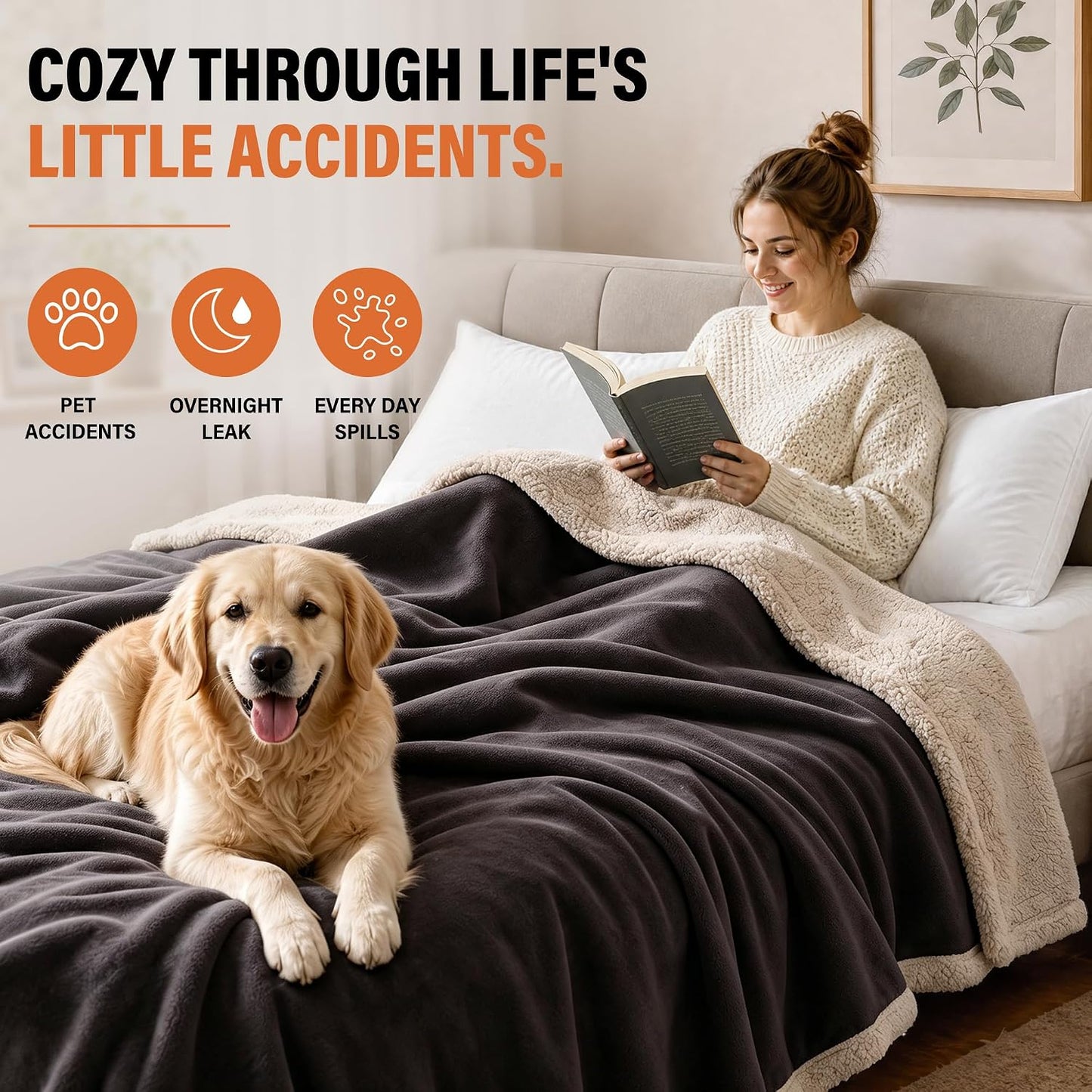 Waterproof Blanket for Bed, Reversible Leakproof Throw